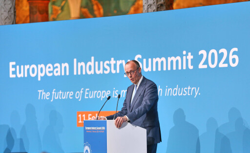 German Chancellor Friedrich Merz on stage at the European Industry Summit in Antwerp in 2026.